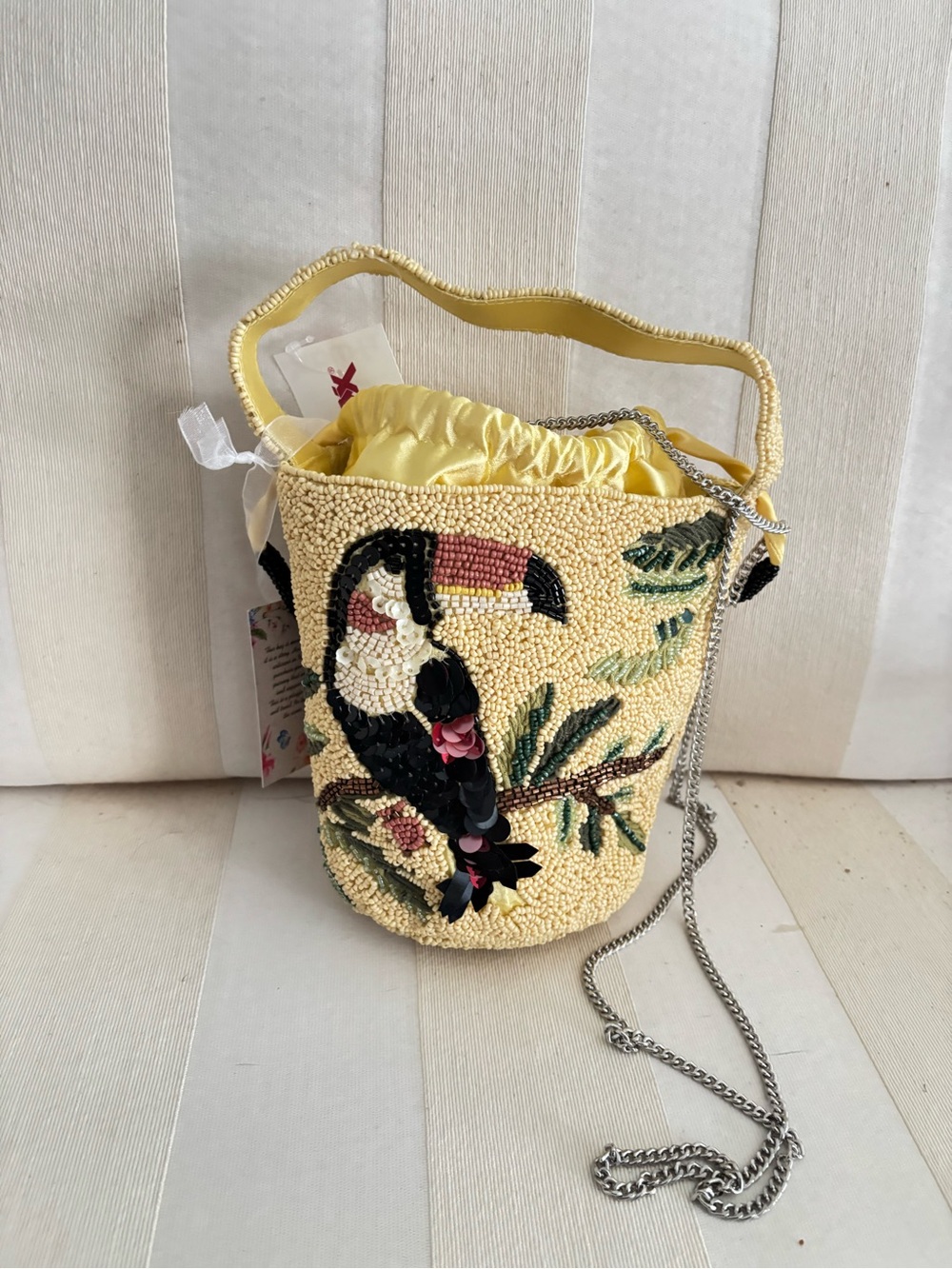 Yellow Beaded Toucan Mini Bucket Bag - Women's Crossbody